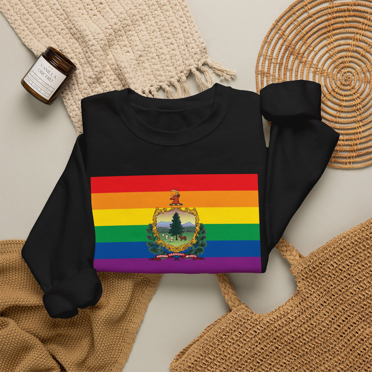 Vermont Rainbow Pride Flag Unisex Crewneck Sweatshirt, White, Black or Light Pink