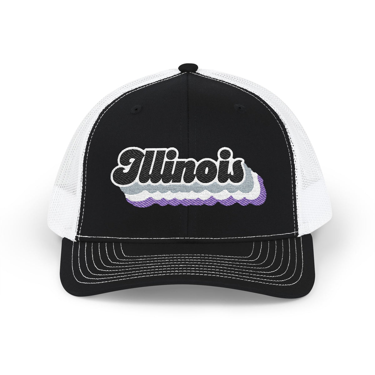Illinois Asexual Pride Stack Embroidered Trucker, Snapback Trucker Cap, Black front with White mesh in back