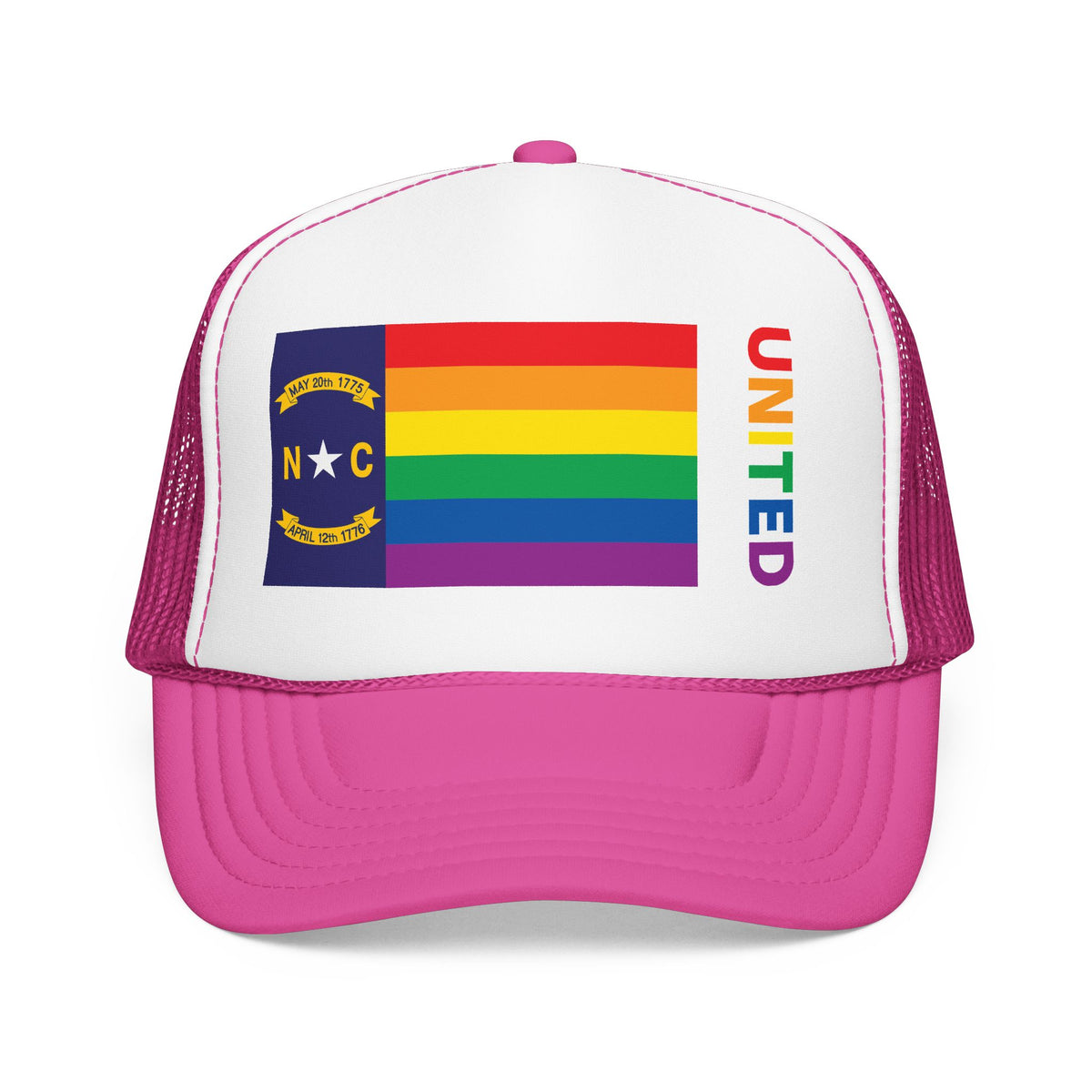 North Carolina Rainbow Pride Flag "UNITED" Printed Foam Trucker Hat, Several Color Options