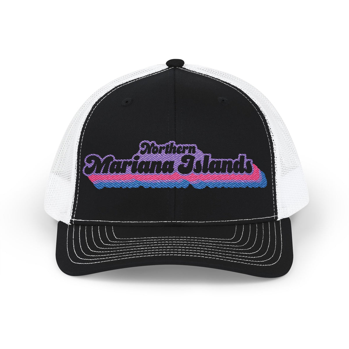 Northern Mariana Islands Bisexual Pride Stack Embroidered Trucker, Snapback Trucker Cap, Black front with White mesh in back