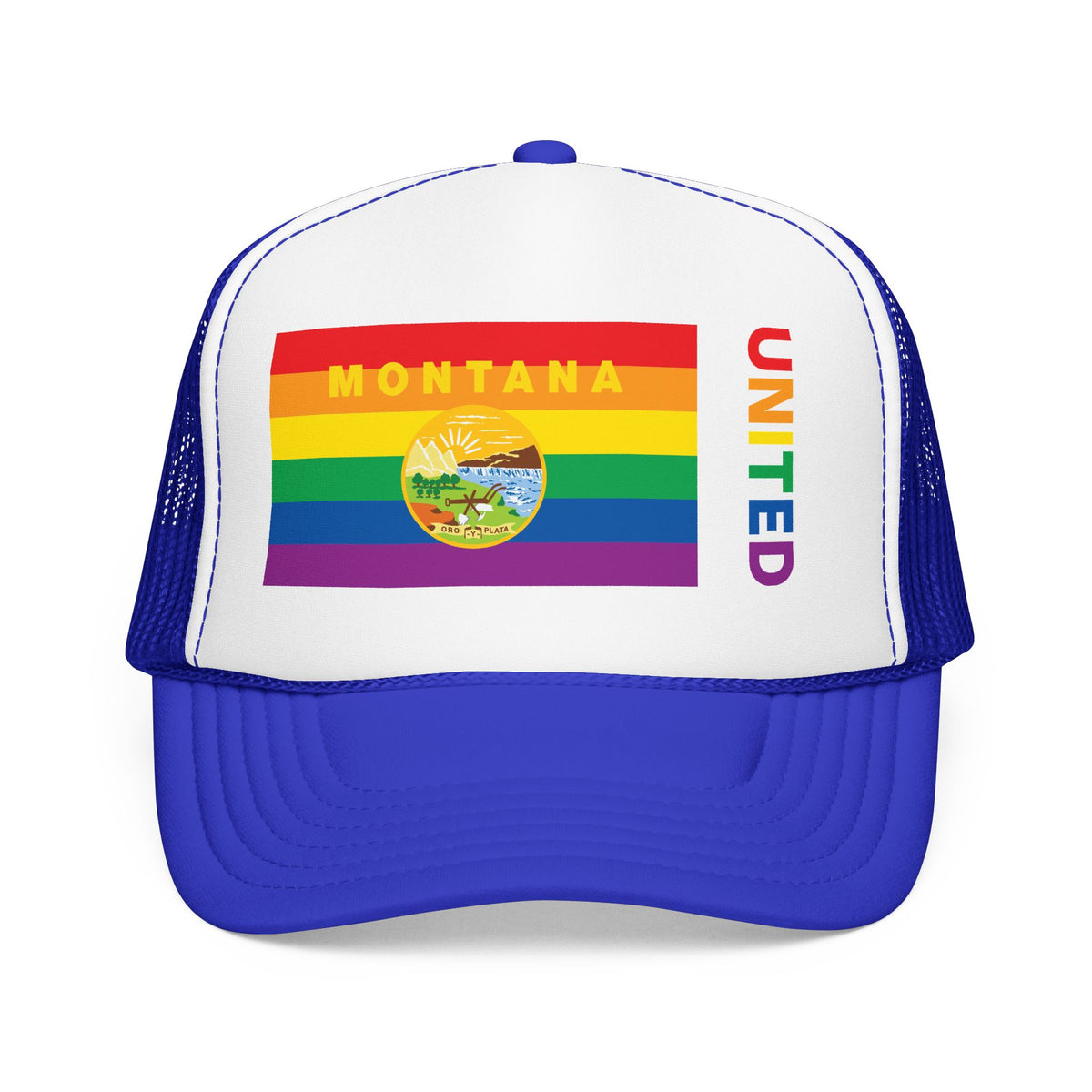 Montana Rainbow Pride Flag "UNITED" Printed Foam Trucker Hat, Several Color Options