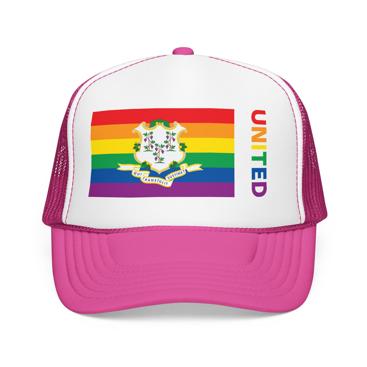 Connecticut Rainbow Pride Flag "UNITED" Printed Foam Trucker Hat, Several Color Options