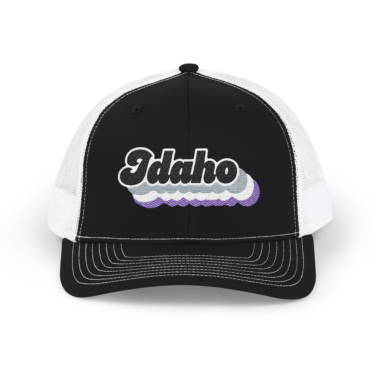 Idaho Asexual Pride Stack Embroidered Trucker, Snapback Trucker Cap, Black front with White mesh in back