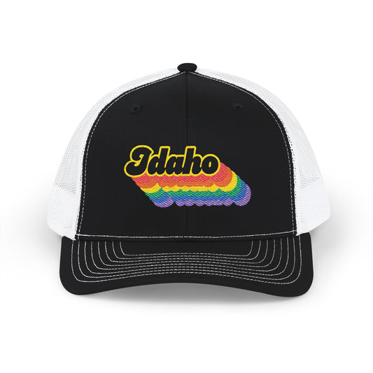 Idaho Retro Rainbow Stack Embroidered Trucker, Snapback Trucker Cap, Black front with White mesh in back
