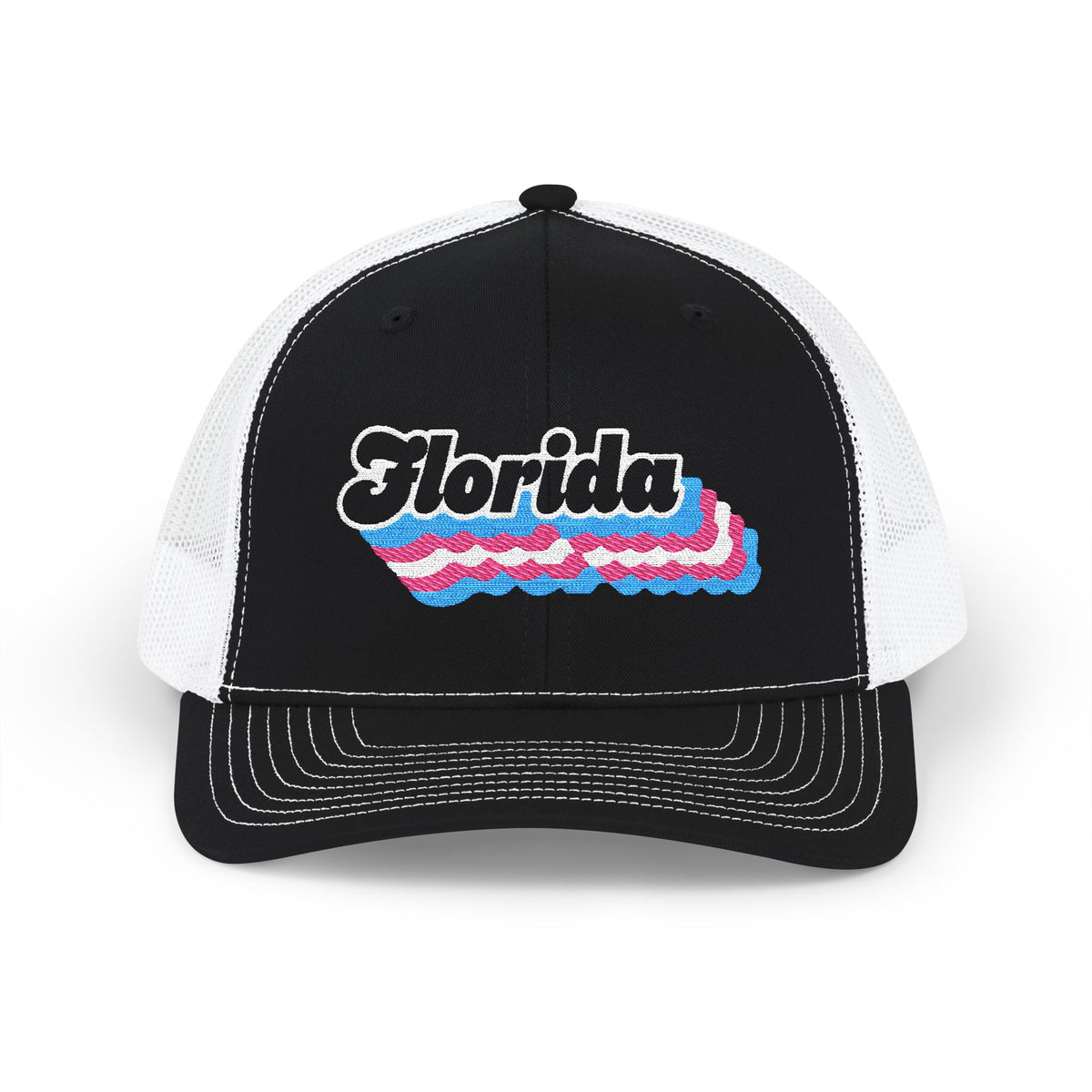 Florida Transgender Pride Stack Embroidered Trucker, Snapback Trucker Cap, Black front with White mesh in back