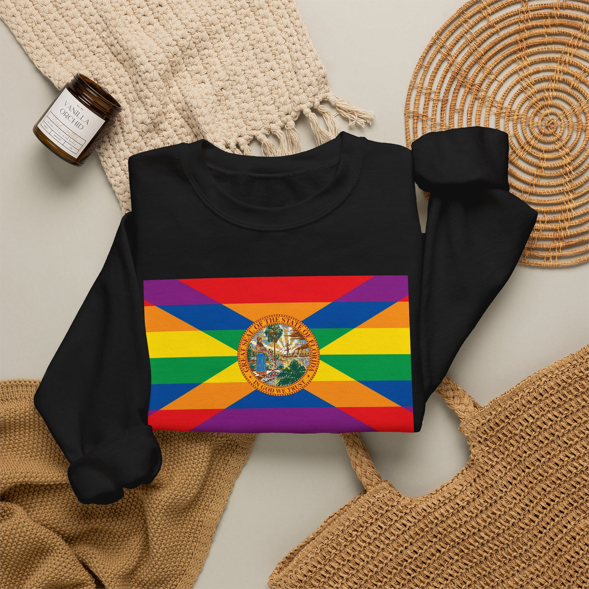 Florida Rainbow Pride Flag Unisex Crewneck Sweatshirt, White, Black or Light Pink