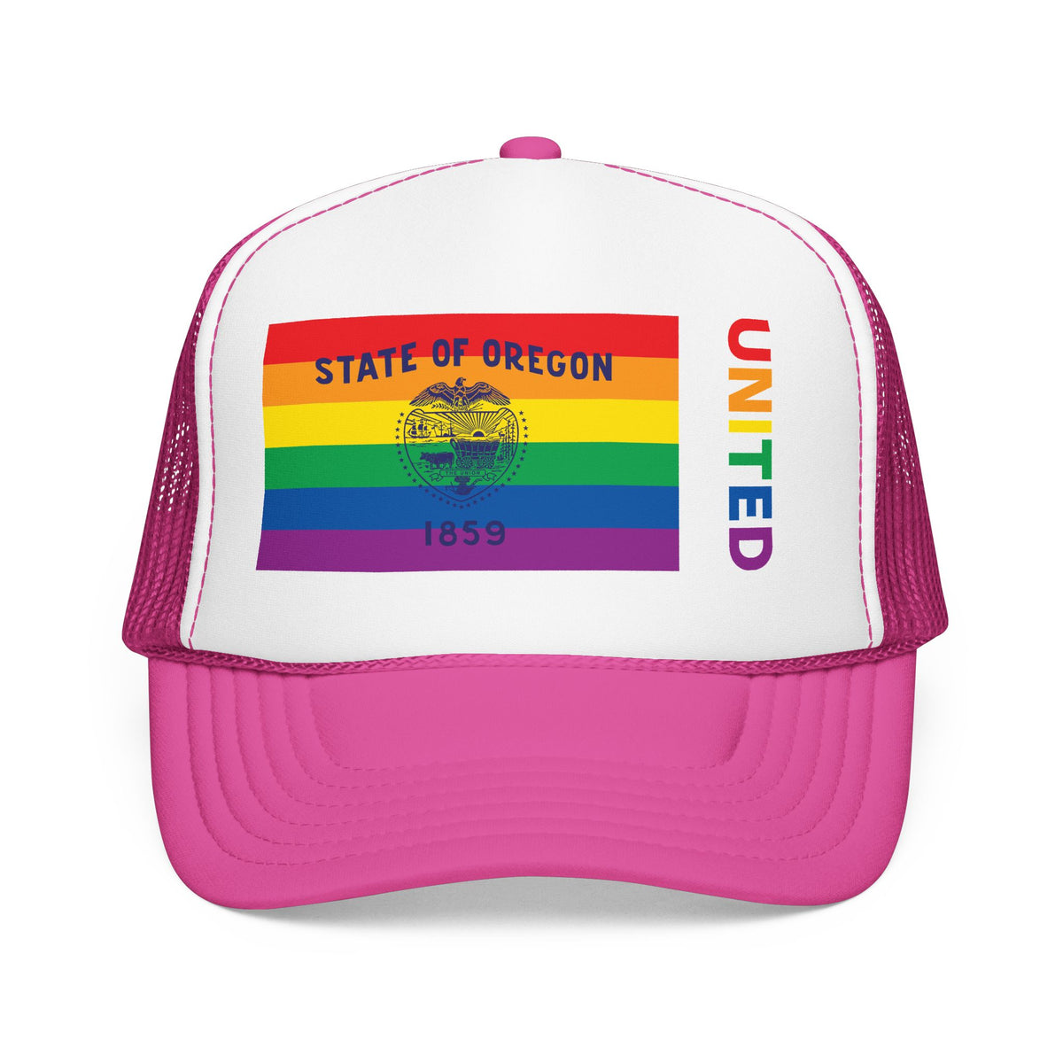 Oregon Rainbow Pride Flag "UNITED" Printed Foam Trucker Hat, Several Color Options