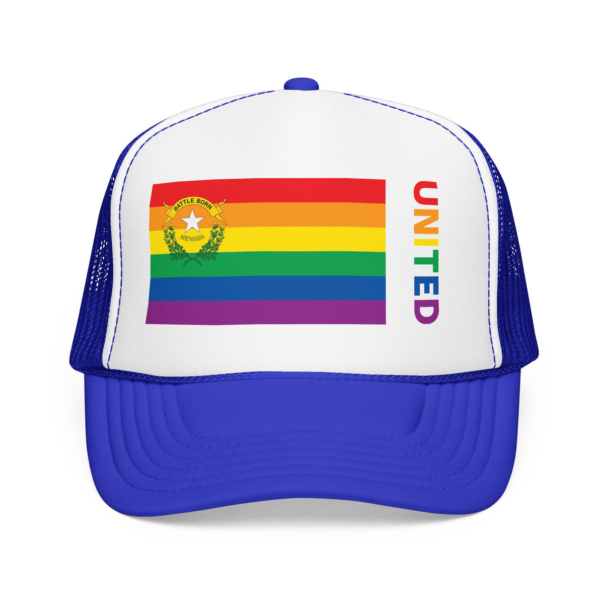 Nevada Rainbow Pride Flag "UNITED" Printed Foam Trucker Hat, Several Color Options