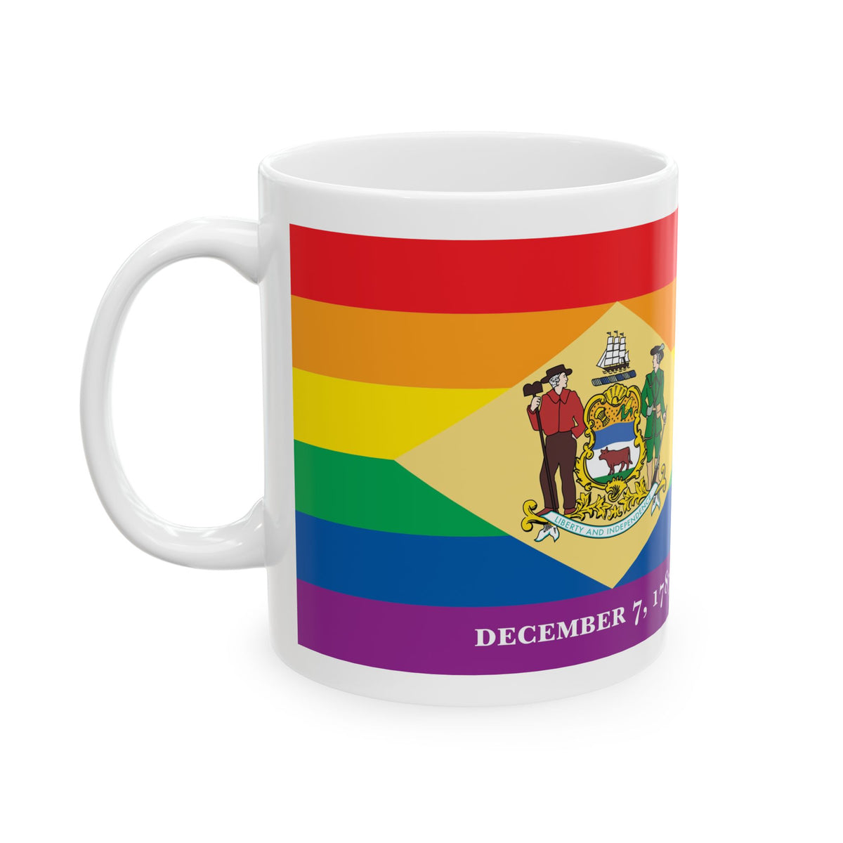 Delaware Rainbow Pride Flag "UNITED" Ceramic Mug