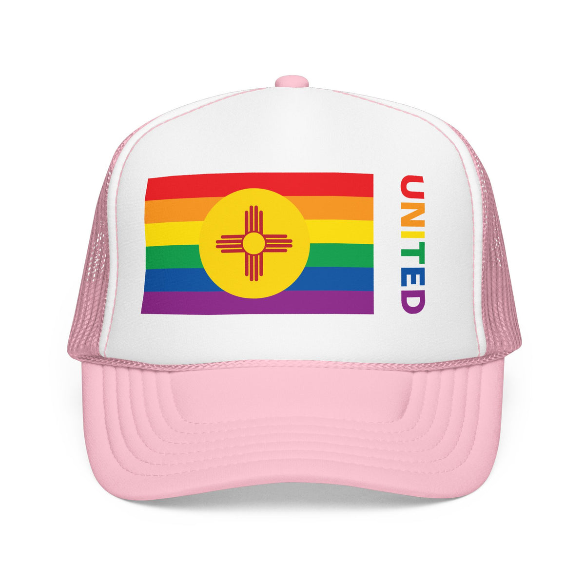 New Mexico Rainbow Pride Flag "UNITED" Printed Foam Trucker Hat, Several Color Options