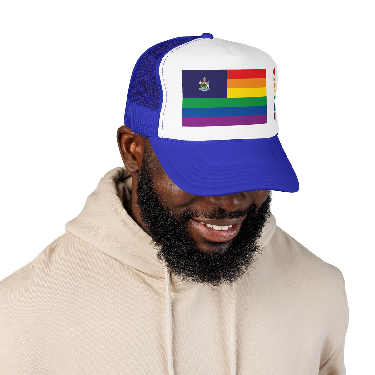 Maine Rainbow Pride Flag "UNITED" Printed Foam Trucker Hat, Several Color Options