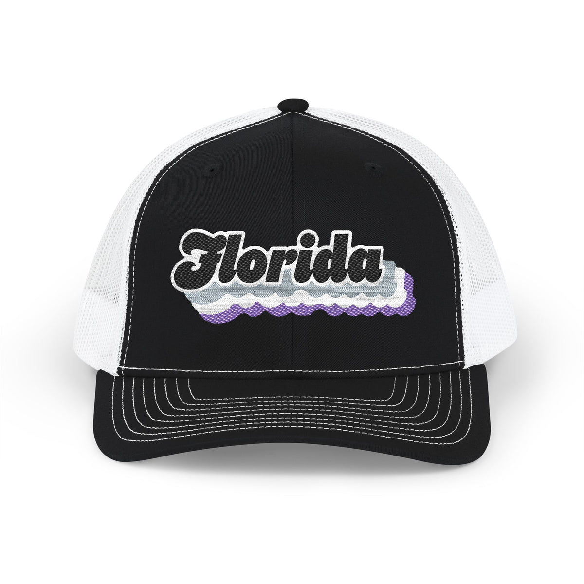 Florida Asexual Pride Stack Embroidered Trucker, Snapback Trucker Cap, Black front with White mesh in back