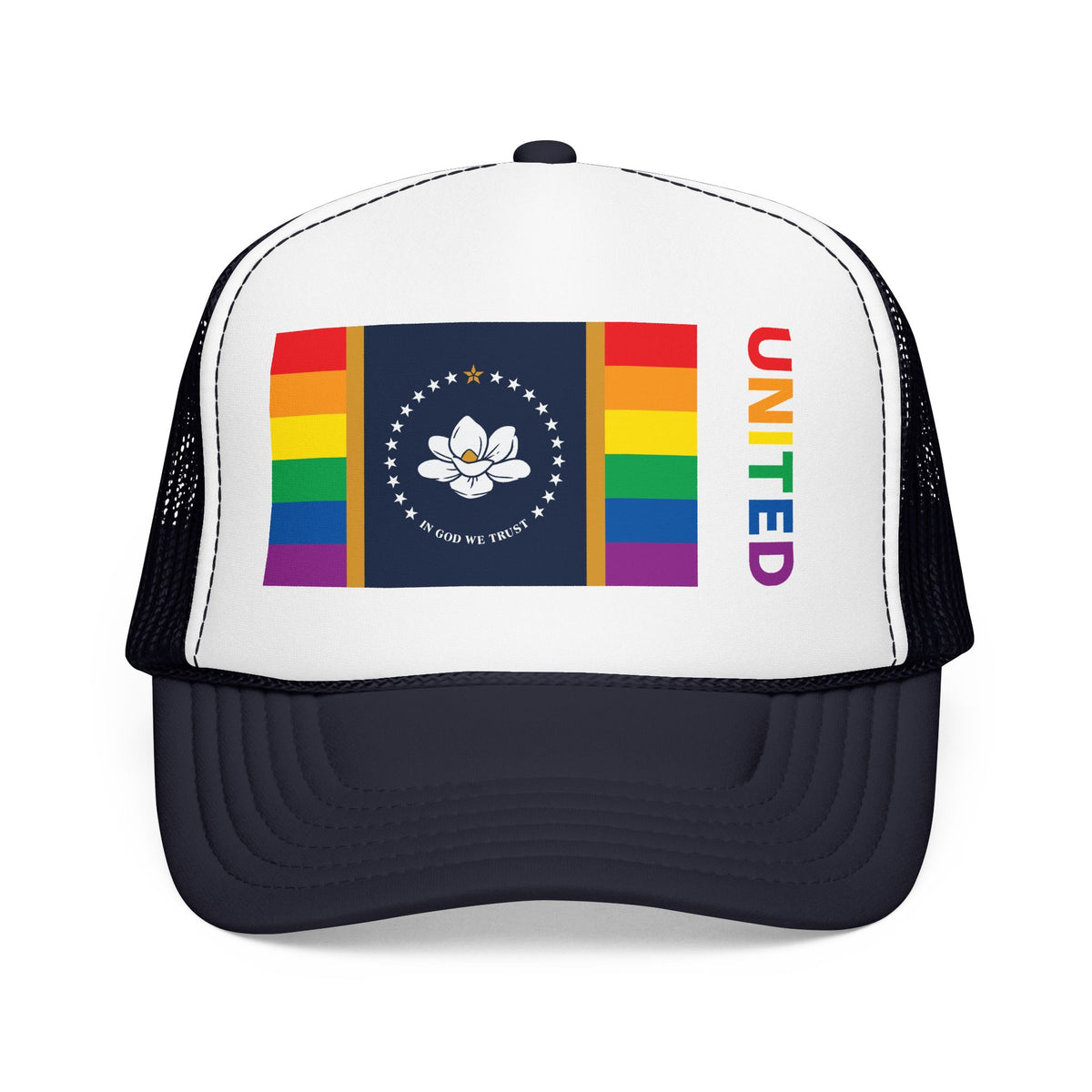 Mississippi Rainbow Pride Flag "UNITED" Printed Foam Trucker Hat, Several Color Options