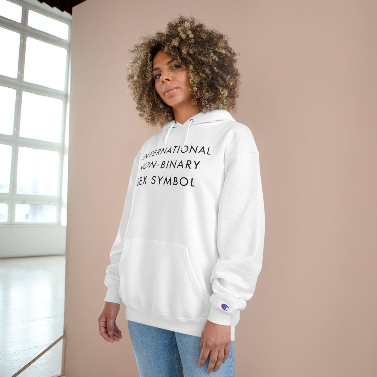 International Non-Binary Sex Symbol Hoodie (Champion®) - White and Light Steel with Black Deco
