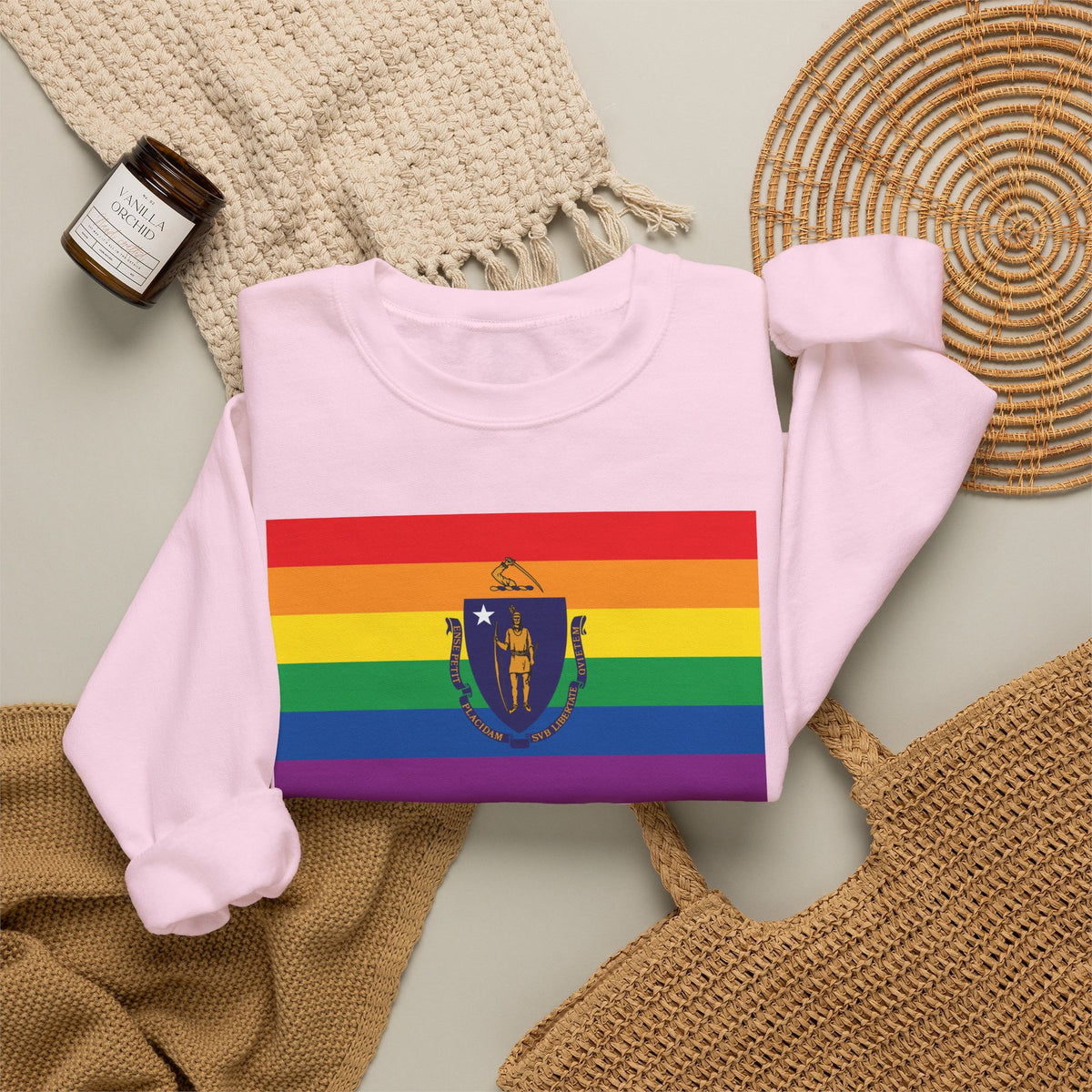 Massachusetts Rainbow Pride Flag Unisex Crewneck Sweatshirt, White, Black or Light Pink