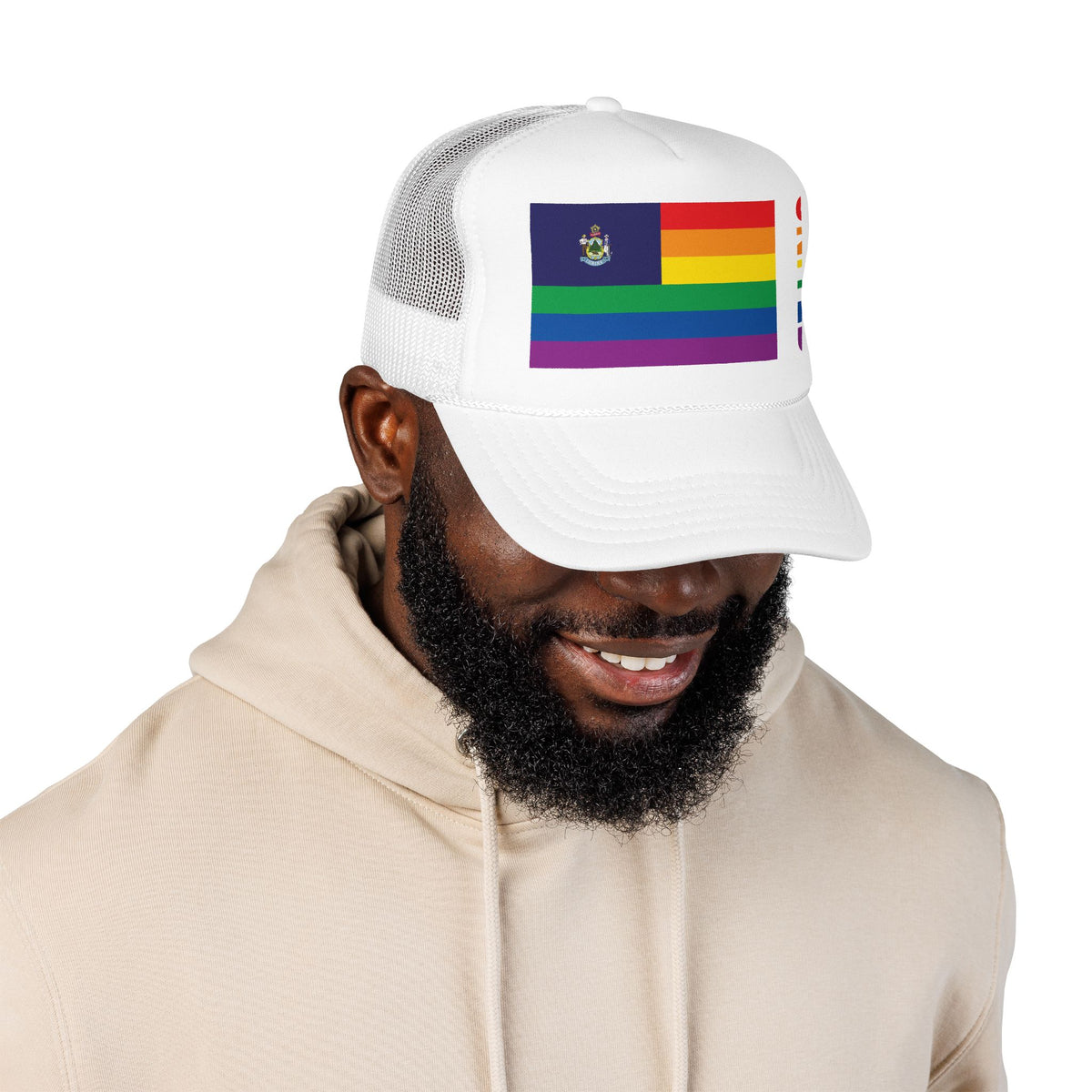 Maine Rainbow Pride Flag "UNITED" Printed Foam Trucker Hat, Several Color Options