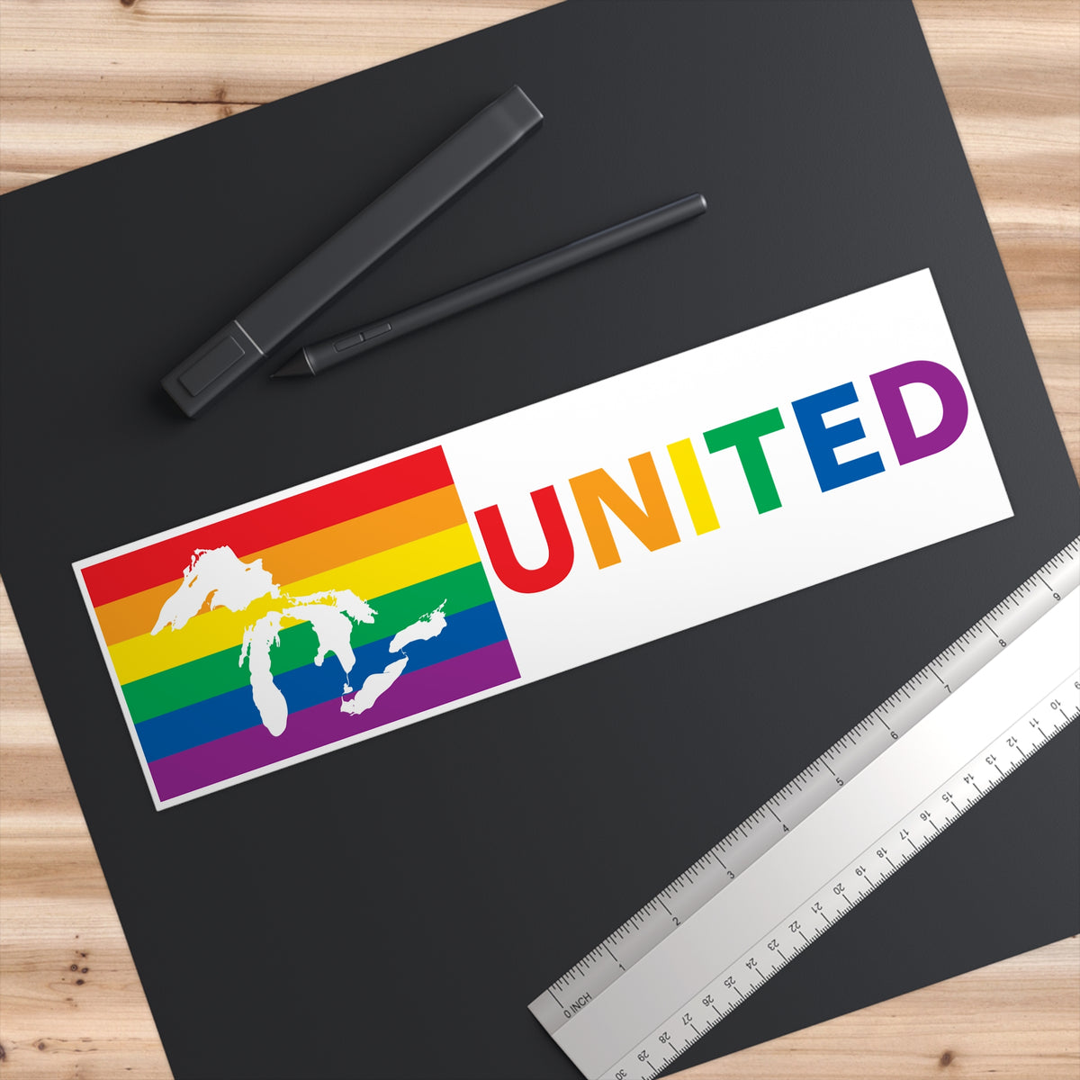 Great Lakes Region Rainbow Pride Flag "UNITED" Bumper Sticker