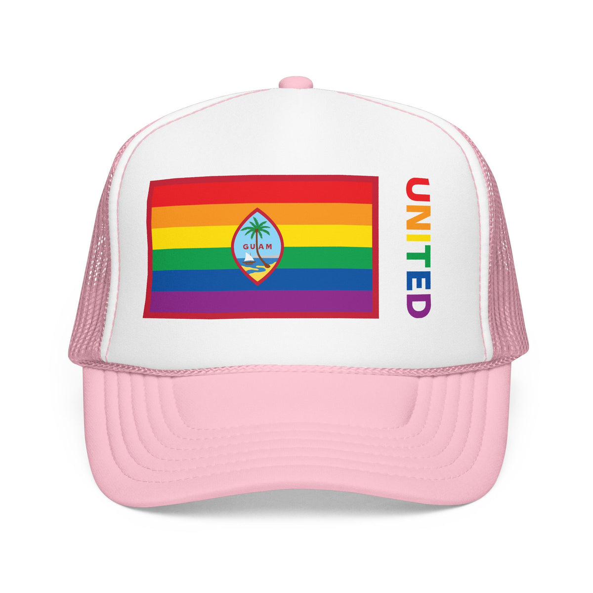 Guam Rainbow Pride Flag "UNITED" Printed Foam Trucker Hat, Several Color Options