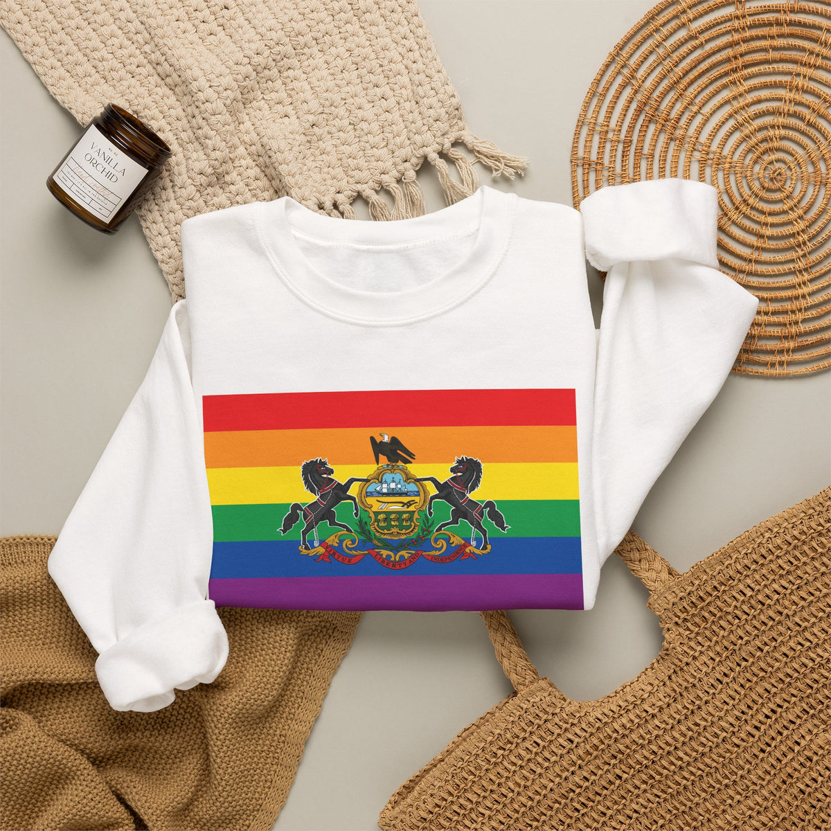Pennsylvania Rainbow Pride Flag Unisex Crewneck Sweatshirt, White, Black or Light Pink