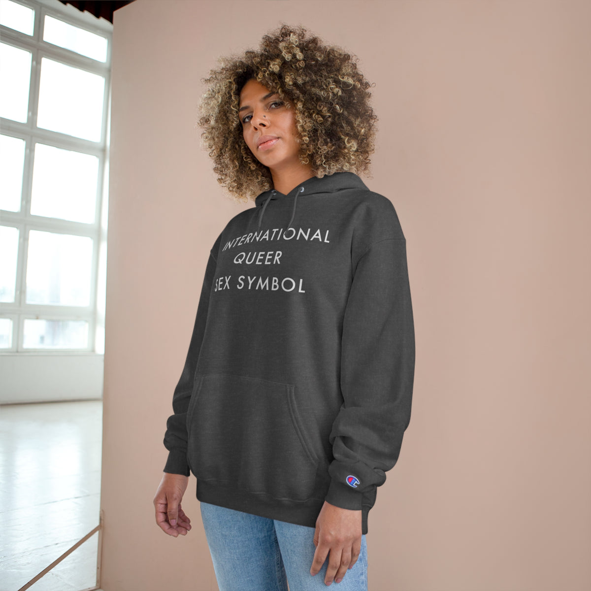 International Queer Sex Symbol Hoodie (Champion®) - Black and Charcoal Heather with White Deco