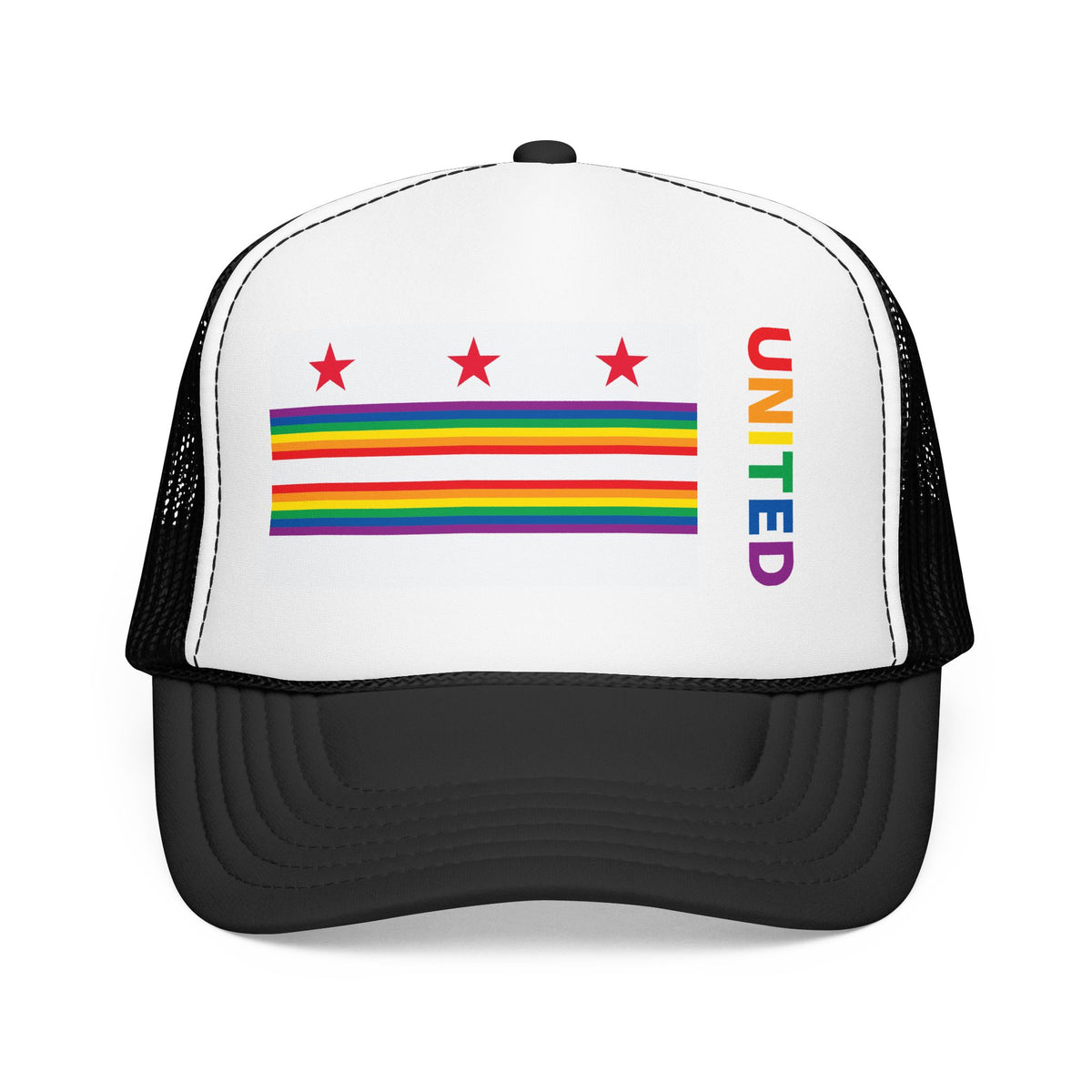 Washington, D.C. Rainbow Pride Flag "UNITED" Printed Foam Trucker Hat, Several Color Options
