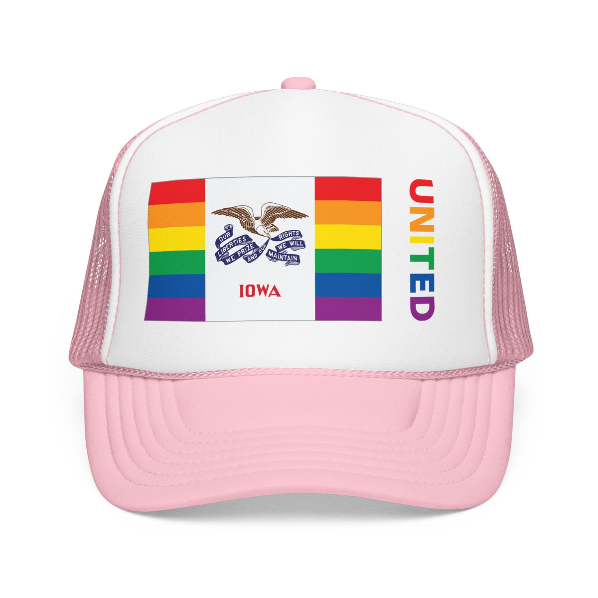 Iowa Rainbow Pride Flag "UNITED" Printed Foam Trucker Hat, Several Color Options