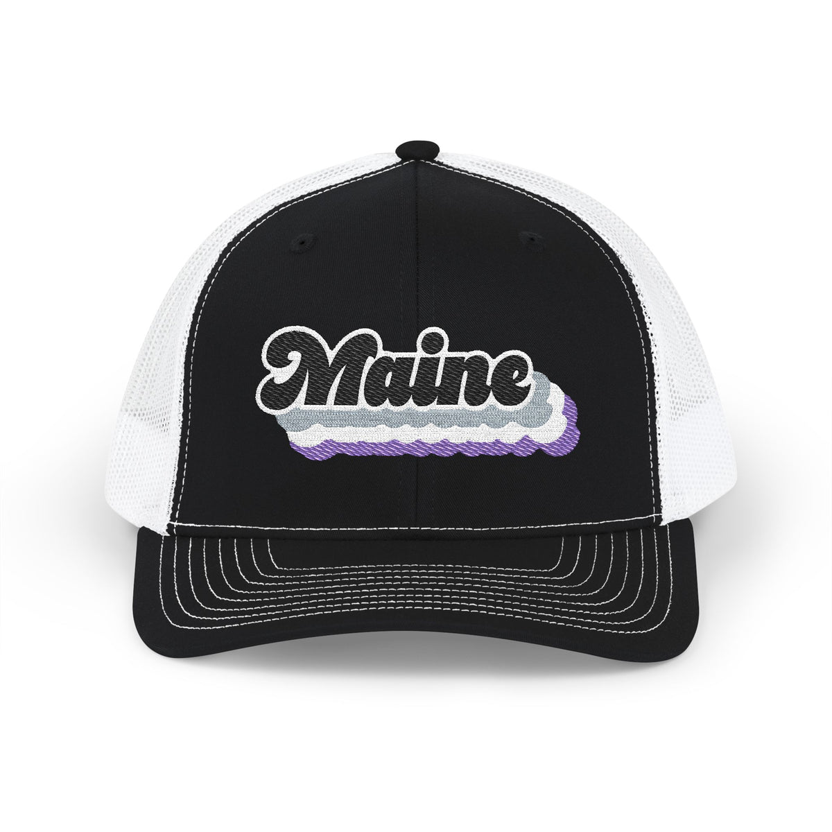 Maine Asexual Pride Stack Embroidered Trucker, Snapback Trucker Cap, Black front with White mesh in back