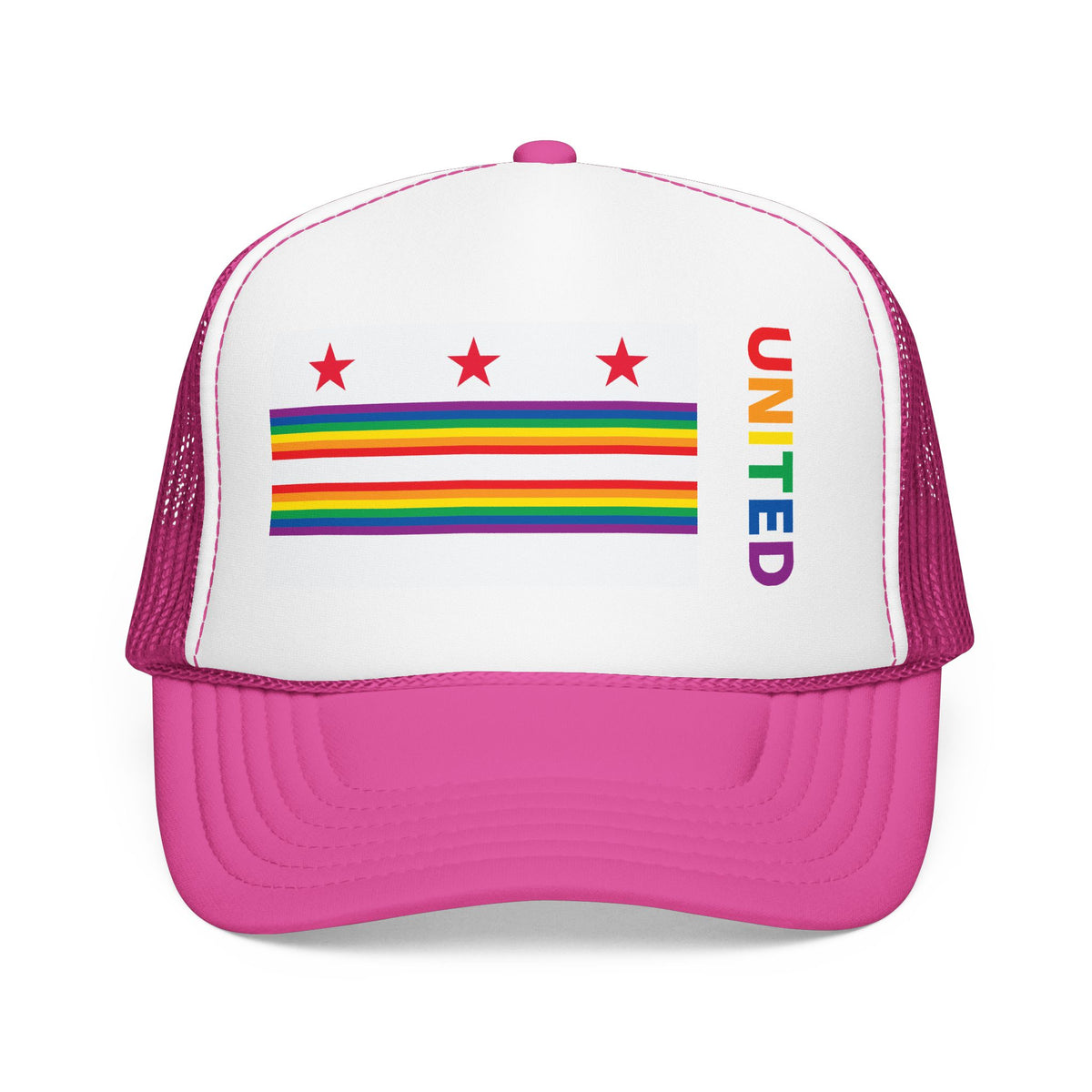 Washington, D.C. Rainbow Pride Flag "UNITED" Printed Foam Trucker Hat, Several Color Options