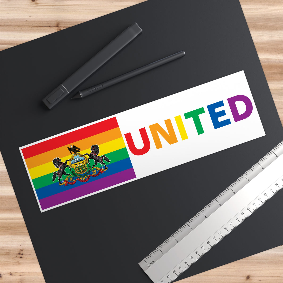 Pennsylvania Rainbow Pride Flag "UNITED" Bumper Sticker