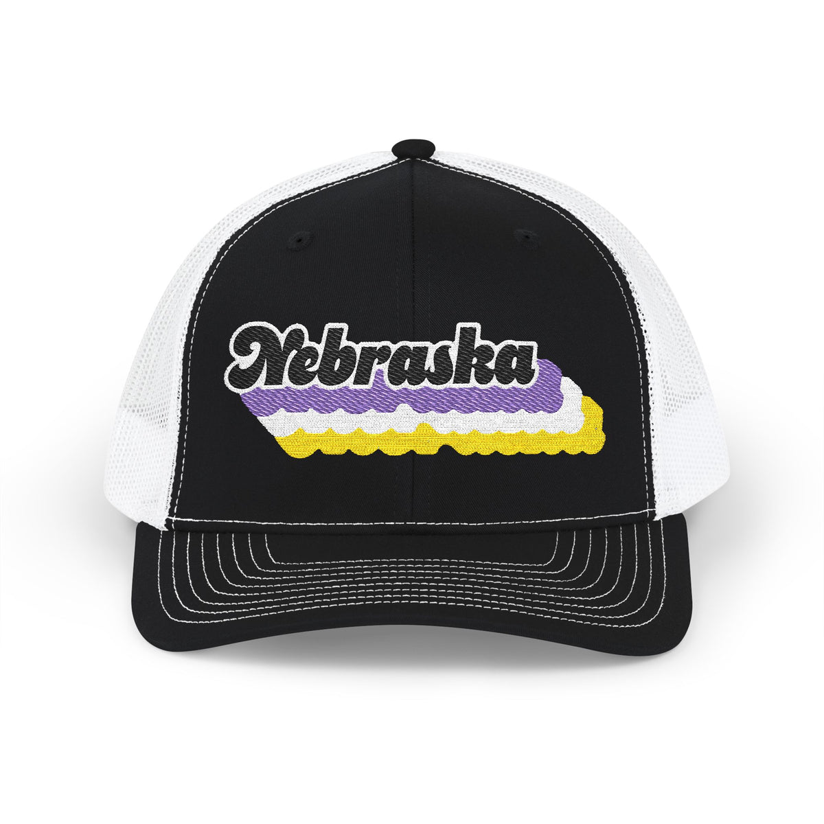 Nebraska Non-binary Pride Stack Embroidered Trucker, Snapback Trucker Cap, Black front with White mesh in back