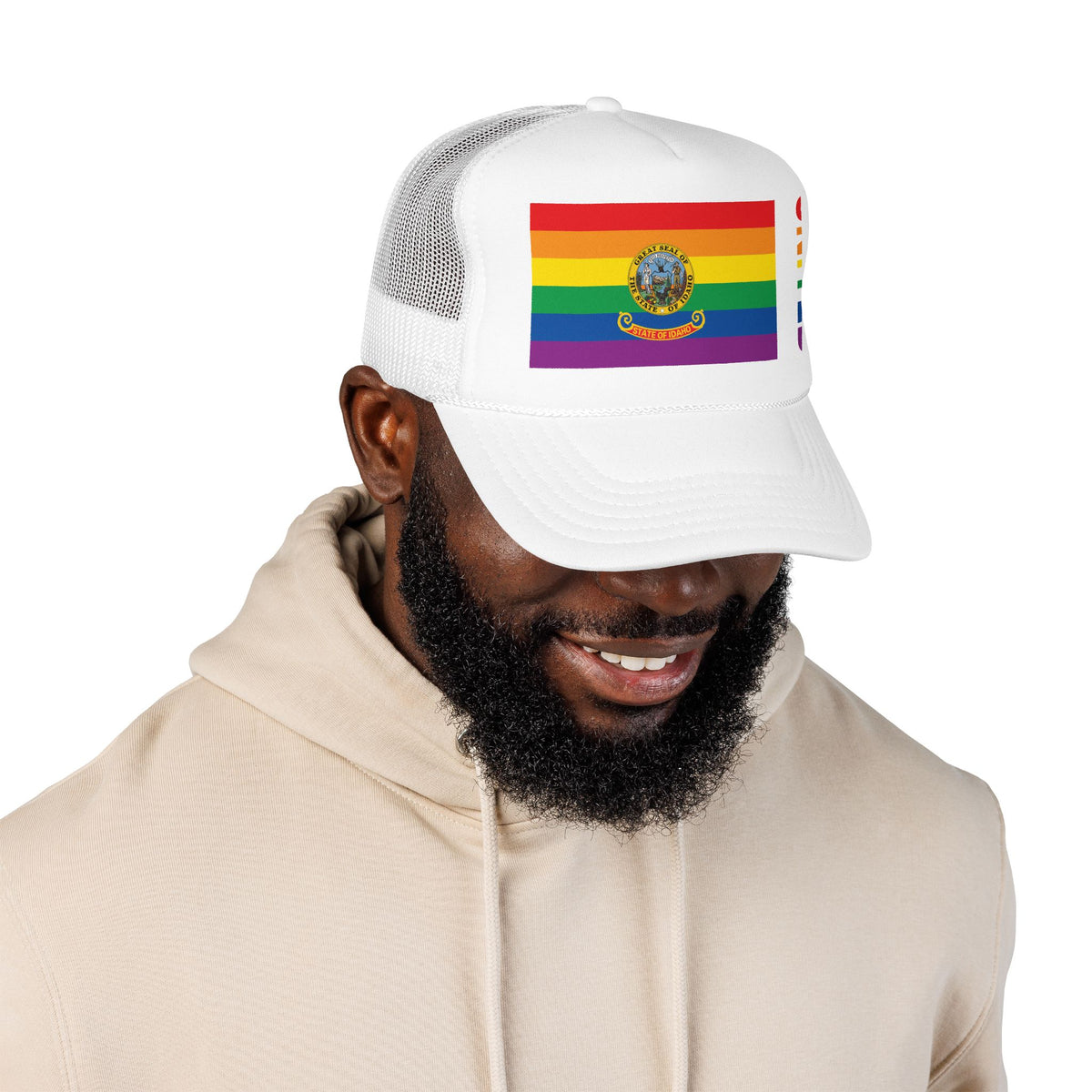 Idaho Rainbow Pride Flag "UNITED" Printed Foam Trucker Hat, Several Color Options