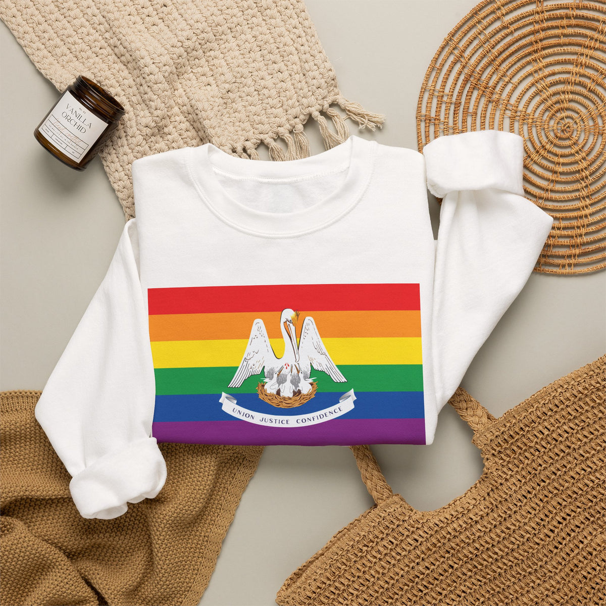 Louisiana Rainbow Pride Flag Unisex Crewneck Sweatshirt, White, Black or Light Pink