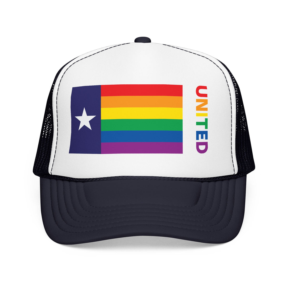 Texas Rainbow Pride Flag "UNITED" Printed Foam Trucker Hat, Several Color Options