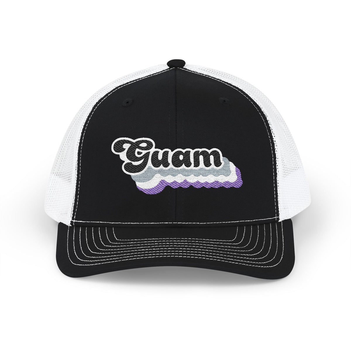 Guam Asexual Pride Stack Embroidered Trucker, Snapback Trucker Cap, Black front with White mesh in back