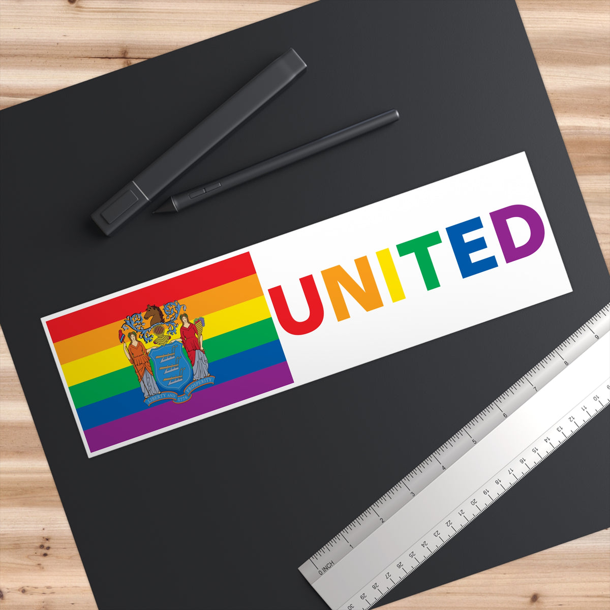 New Jersey Rainbow Pride Flag "UNITED" Bumper Sticker