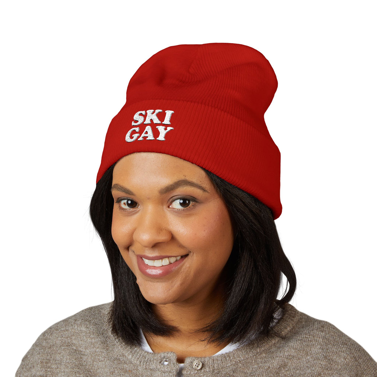 SKI GAY Knit Beanie - white deco