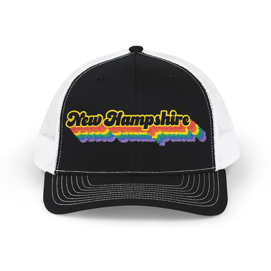 New Hampshire Retro Rainbow Stack Embroidered Trucker, Snapback Trucker Cap, Black front with White mesh in back
