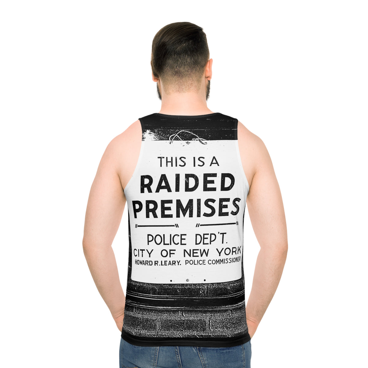 The Stonewall Inn Police Raid Sign Tank Top, Black with White Deco Pattern