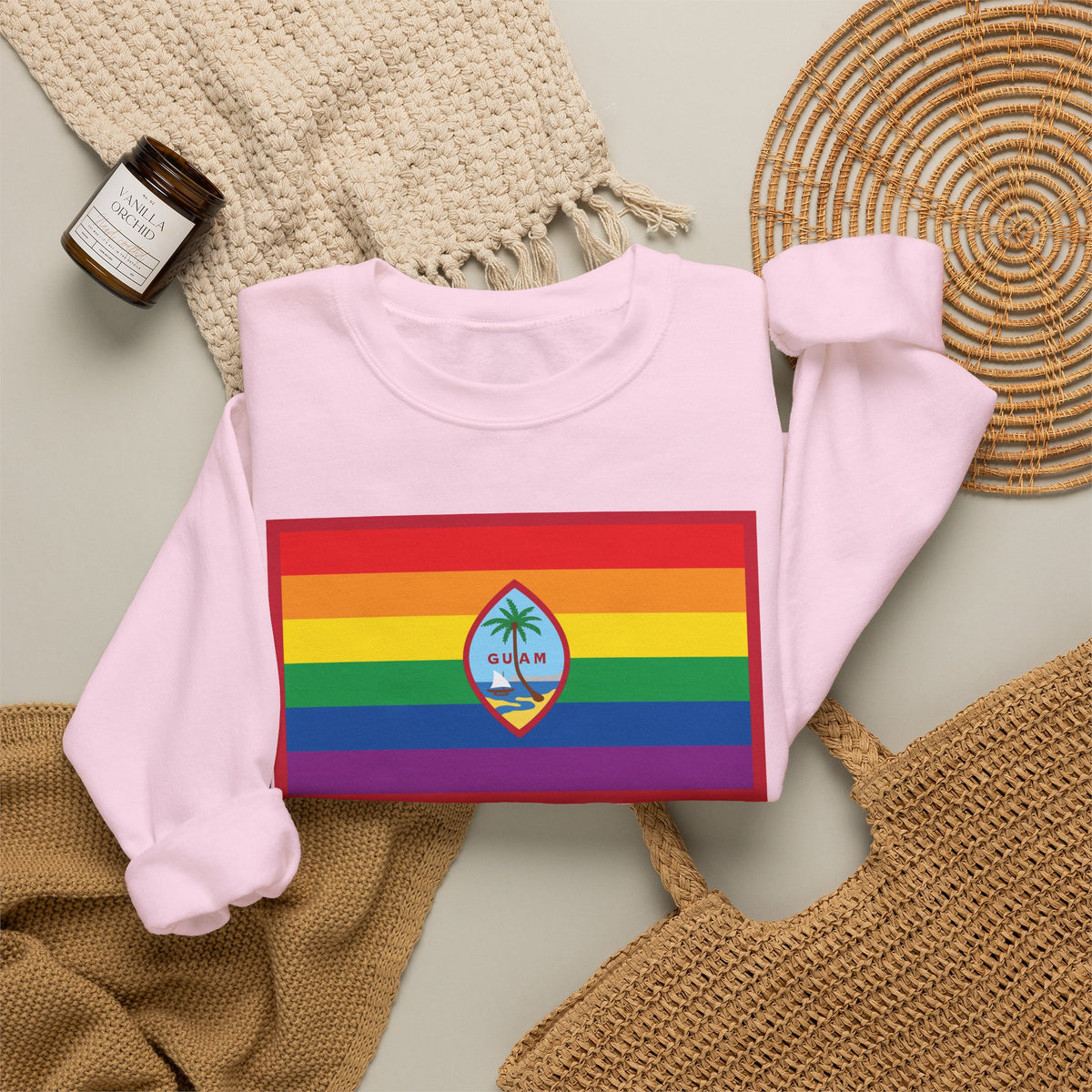 Guam Rainbow Pride Flag Unisex Crewneck Sweatshirt, White, Black or Light Pink