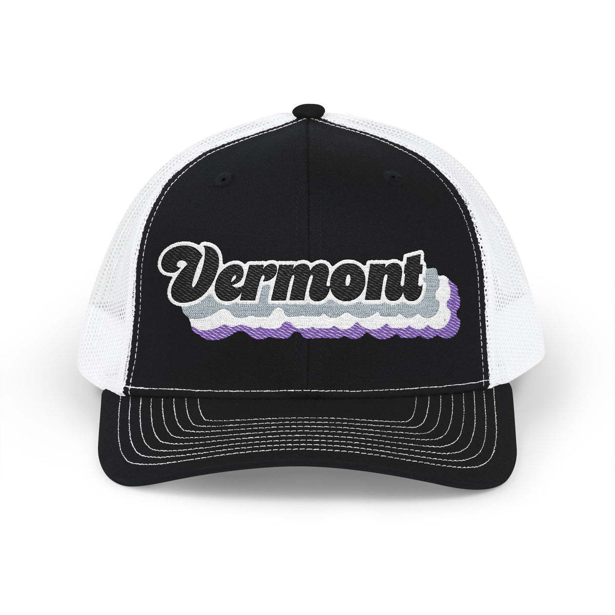 Vermont Asexual Pride Stack Embroidered Trucker, Snapback Trucker Cap, Black front with White mesh in back
