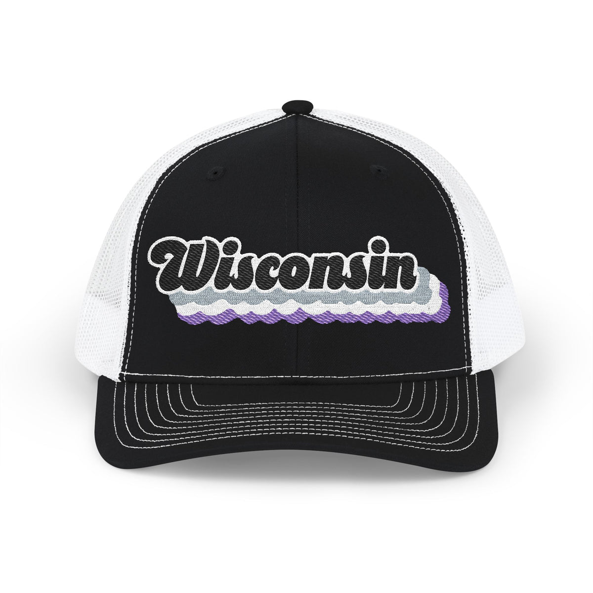 Wisconsin Asexual Pride Stack Embroidered Trucker, Snapback Trucker Cap, Black front with White mesh in back