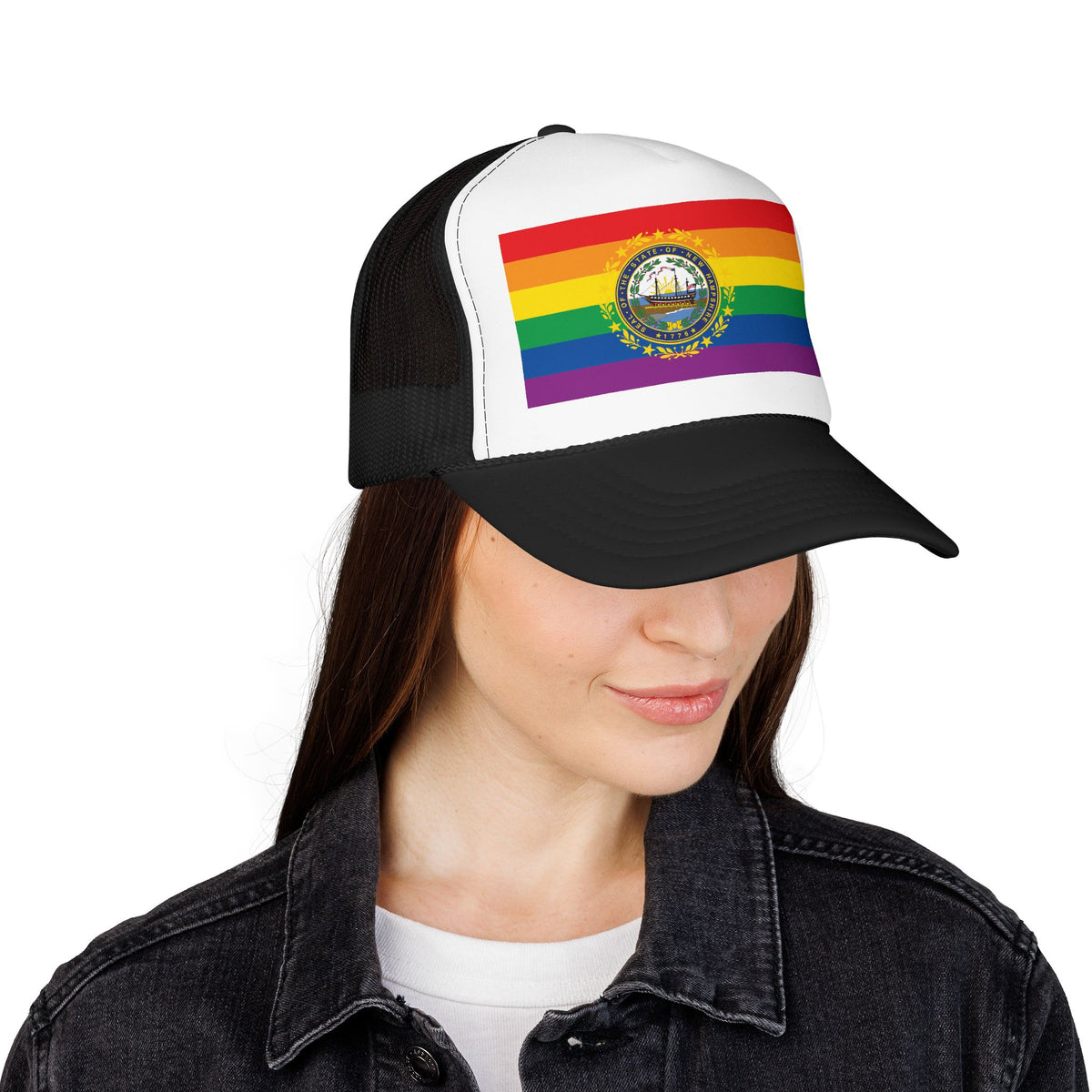 New Hampshire Rainbow Pride Flag "UNITED" Printed Foam Trucker Hat, Several Color Options