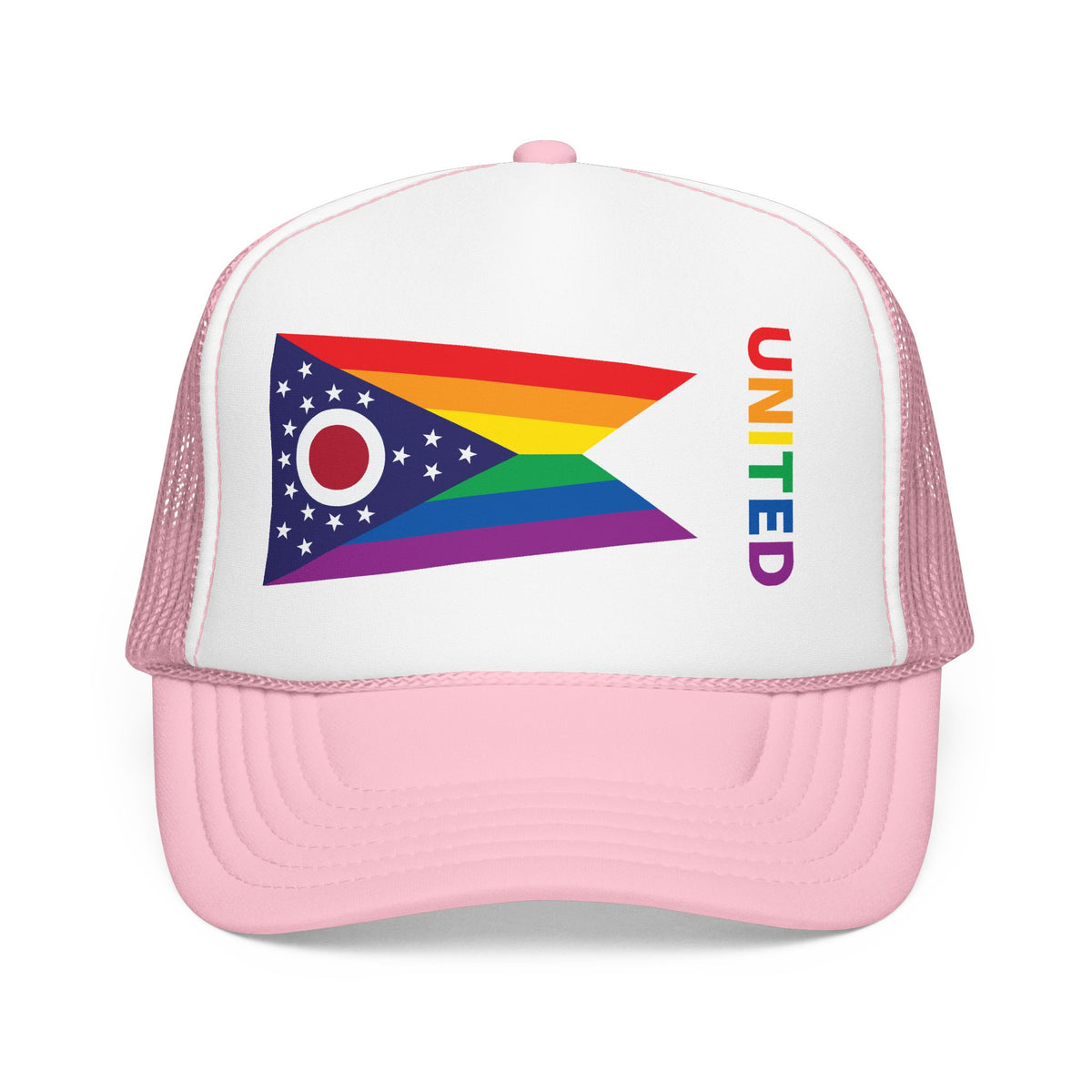 Ohio Rainbow Pride Flag "UNITED" Printed Foam Trucker Hat, Several Color Options