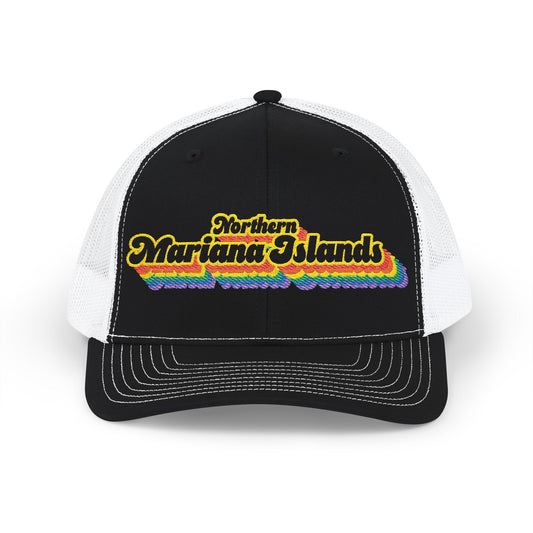 Northern Mariana Islands Retro Rainbow Stack Embroidered Trucker, Snapback Trucker Cap, Black front with White mesh in back
