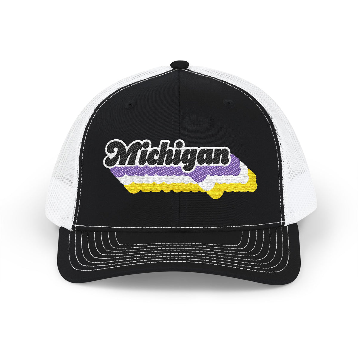 Michigan Non-binary Pride Stack Embroidered Trucker, Snapback Trucker Cap, Black front with White mesh in back