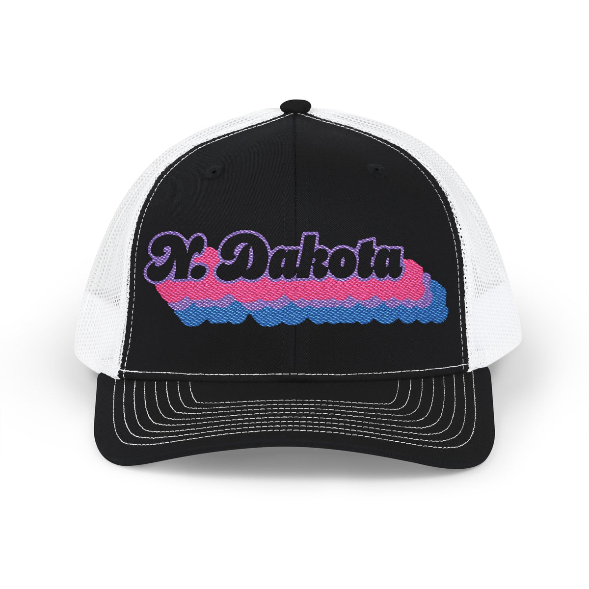 North Dakota Bisexual Pride Stack Embroidered Trucker, Snapback Trucker Cap, Black front with White mesh in back