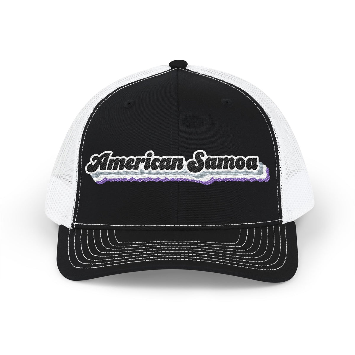 American Samoa Asexual Pride Stack Embroidered Trucker, Snapback Trucker Cap, Black front with White mesh in back