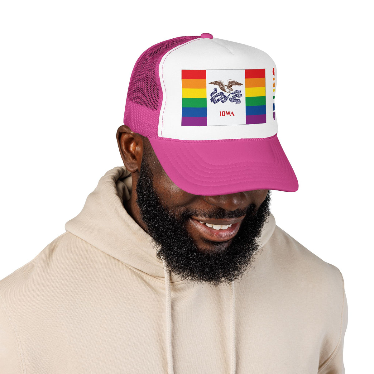 Iowa Rainbow Pride Flag "UNITED" Printed Foam Trucker Hat, Several Color Options