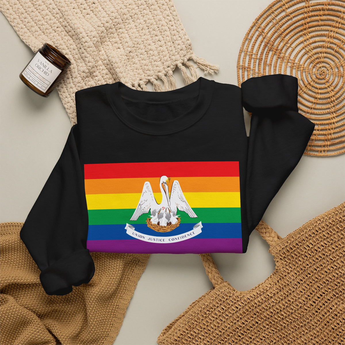 Louisiana Rainbow Pride Flag Unisex Crewneck Sweatshirt, White, Black or Light Pink