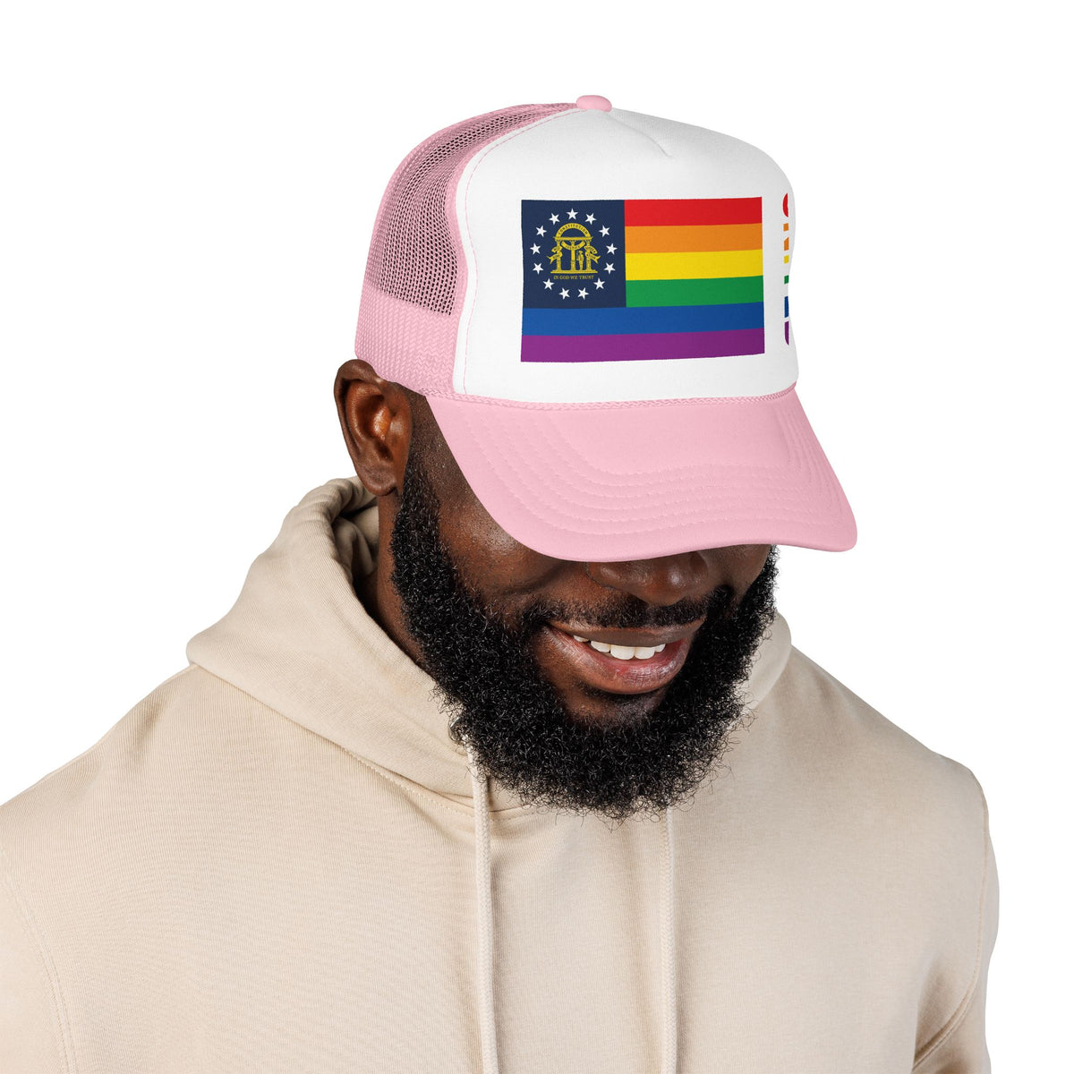 Georgia Rainbow Pride Flag "UNITED" Printed Foam Trucker Hat, Several Color Options